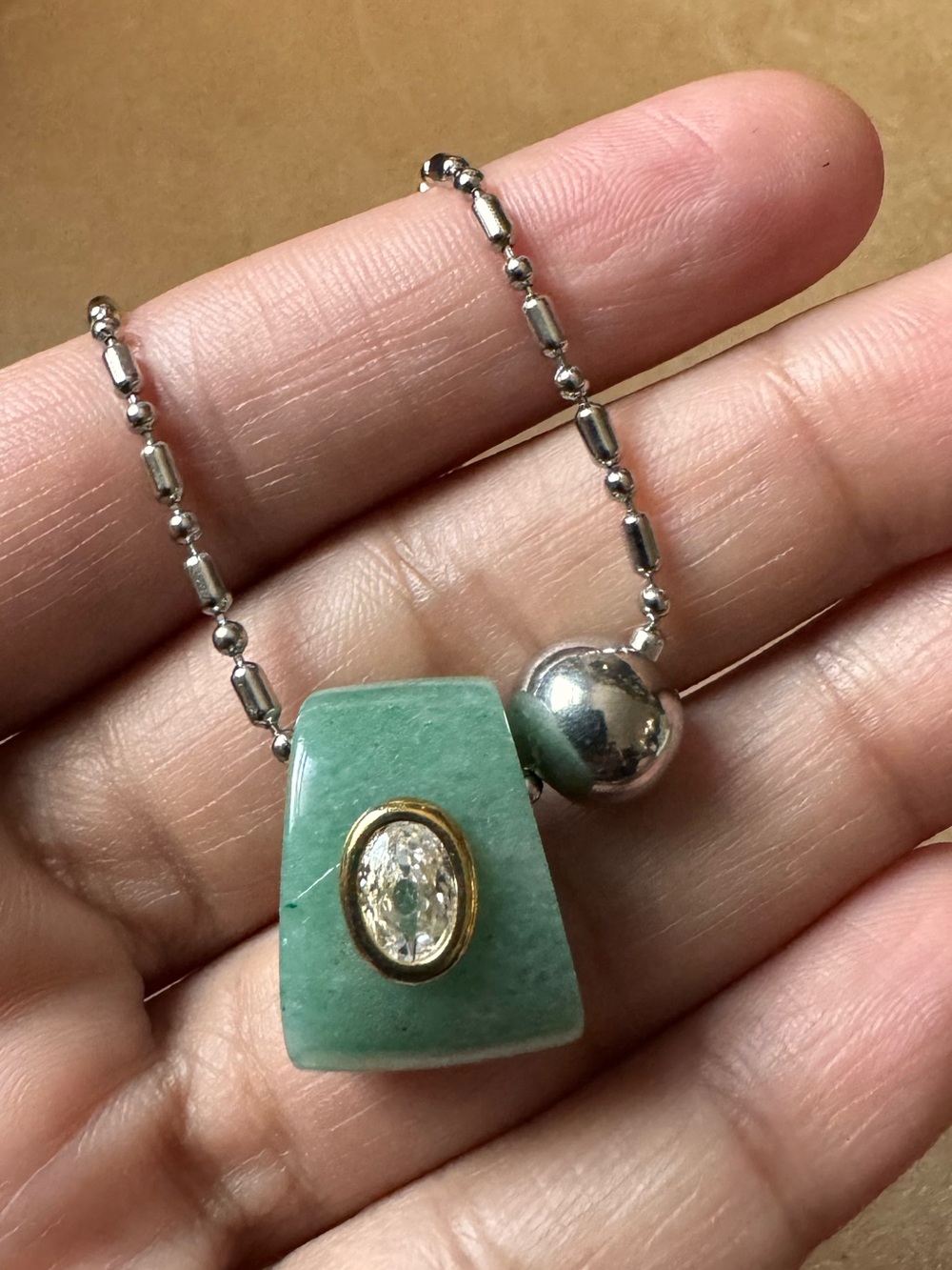 Silver ball Chain Necklace with Green Aventurine Gem Pendant and ball bead